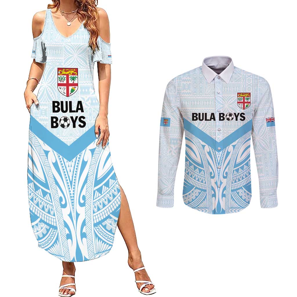 Fiji Football Custom Couples Matching Summer Maxi Dress and Long Sleeve Button Shirt Bula Boys Go Champions