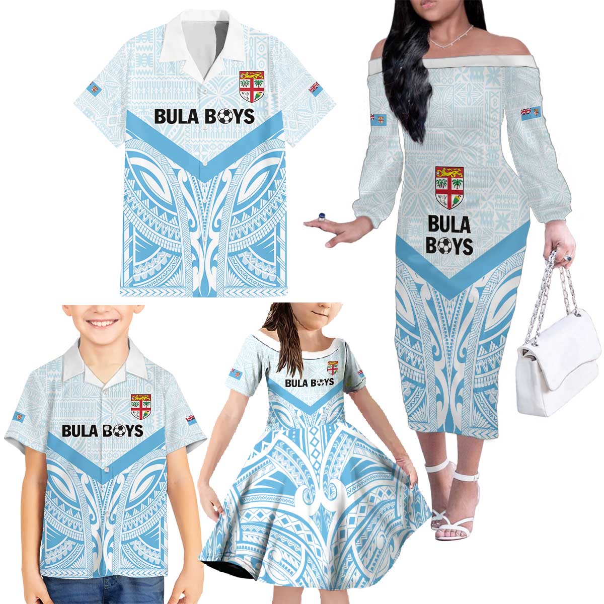 Fiji Football Custom Family Matching Off The Shoulder Long Sleeve Dress and Hawaiian Shirt Bula Boys Go Champions