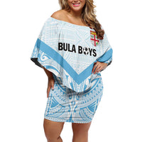 Fiji Football Custom Off Shoulder Short Dress Bula Boys Go Champions LT9 Women Blue - Polynesian Pride