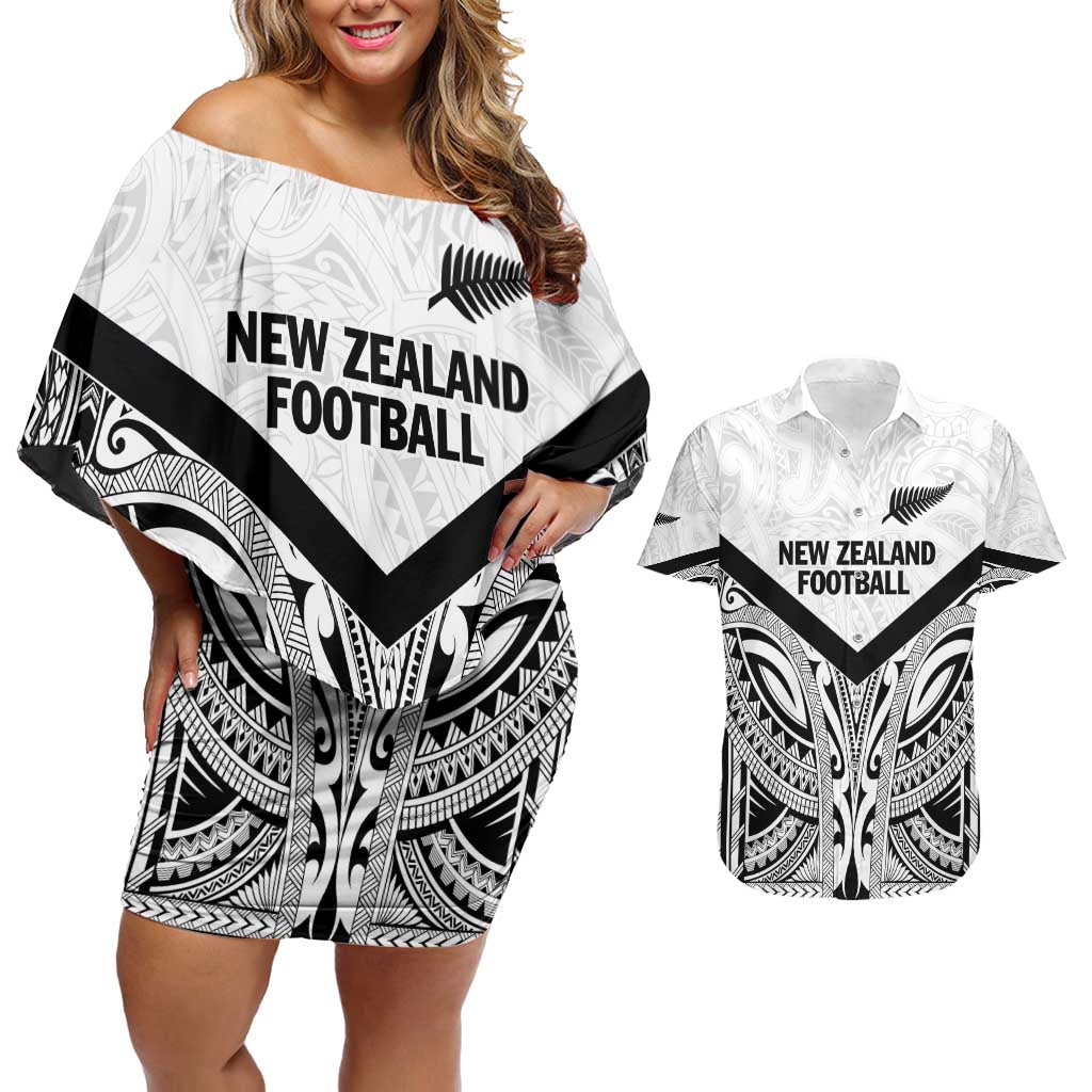 New Zealand Football Custom Couples Matching Off Shoulder Short Dress and Hawaiian Shirt All White Fern Go Champions