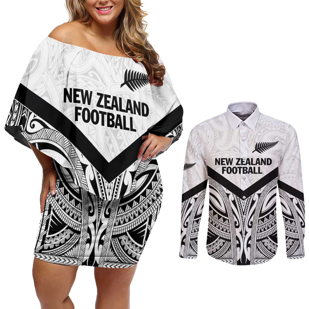 New Zealand Football Custom Couples Matching Off Shoulder Short Dress and Long Sleeve Button Shirt All White Fern Go Champions