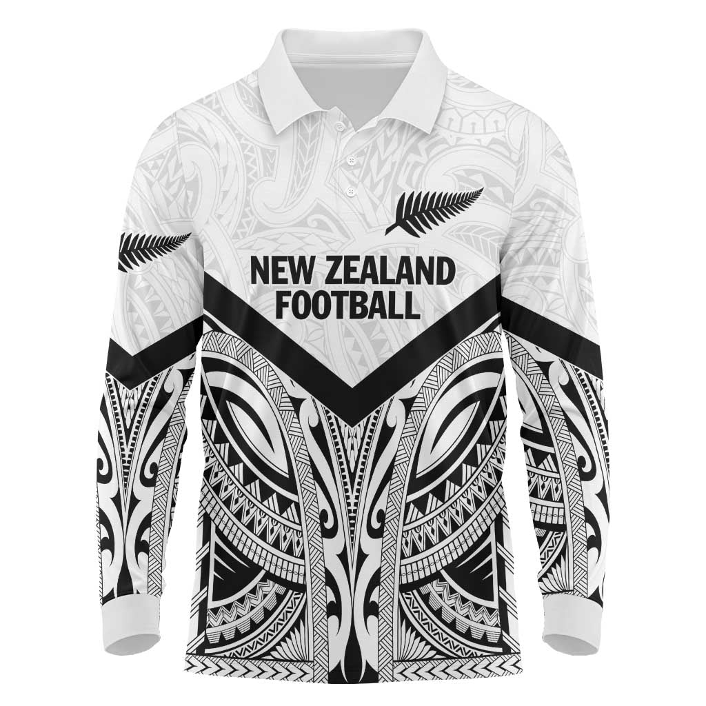 New Zealand Football Custom Long Sleeve Polo Shirt All White Fern Go Champions LT9 White - Polynesian Pride