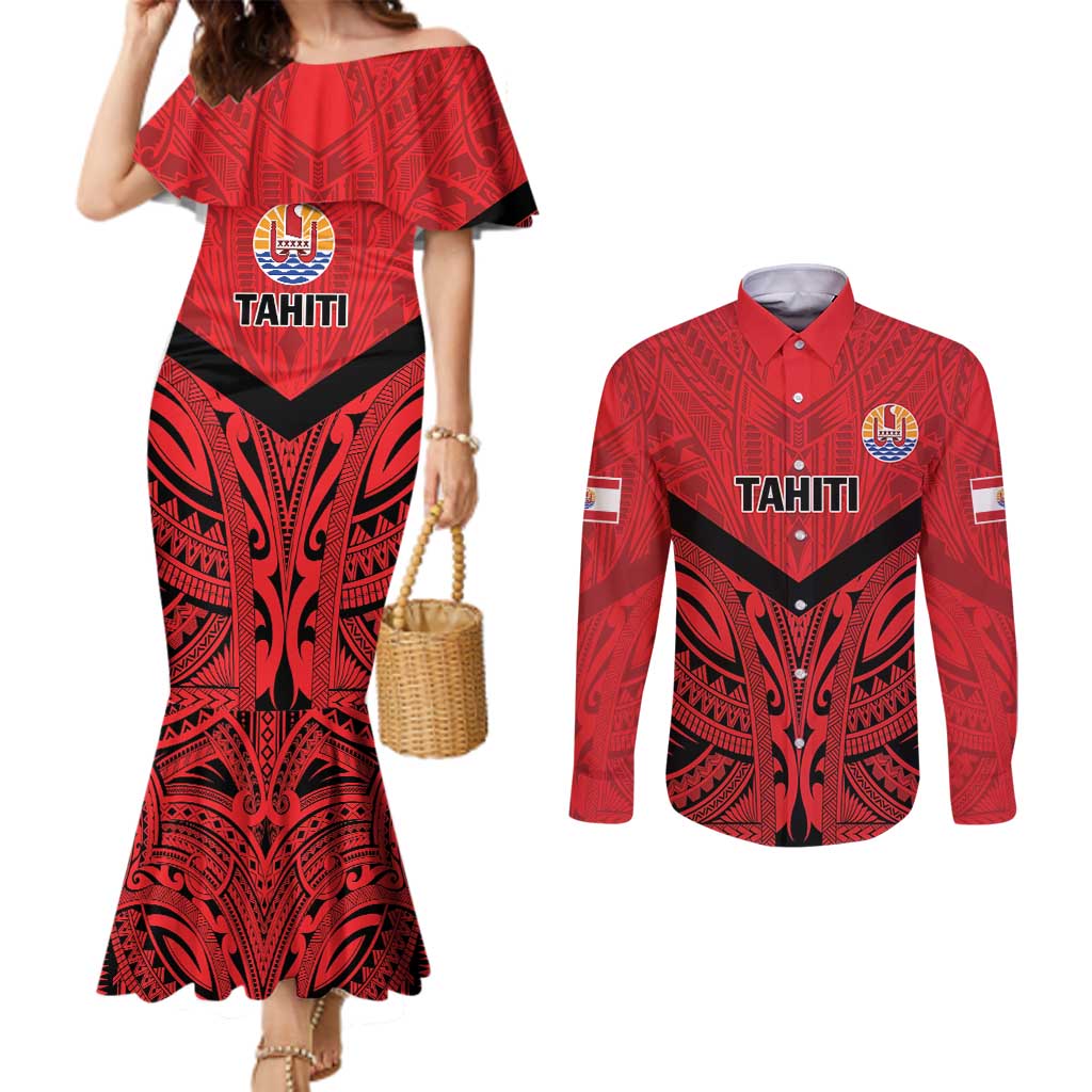 Tahiti Football Custom Couples Matching Mermaid Dress and Long Sleeve Button Shirt Toa Aito Go Champions