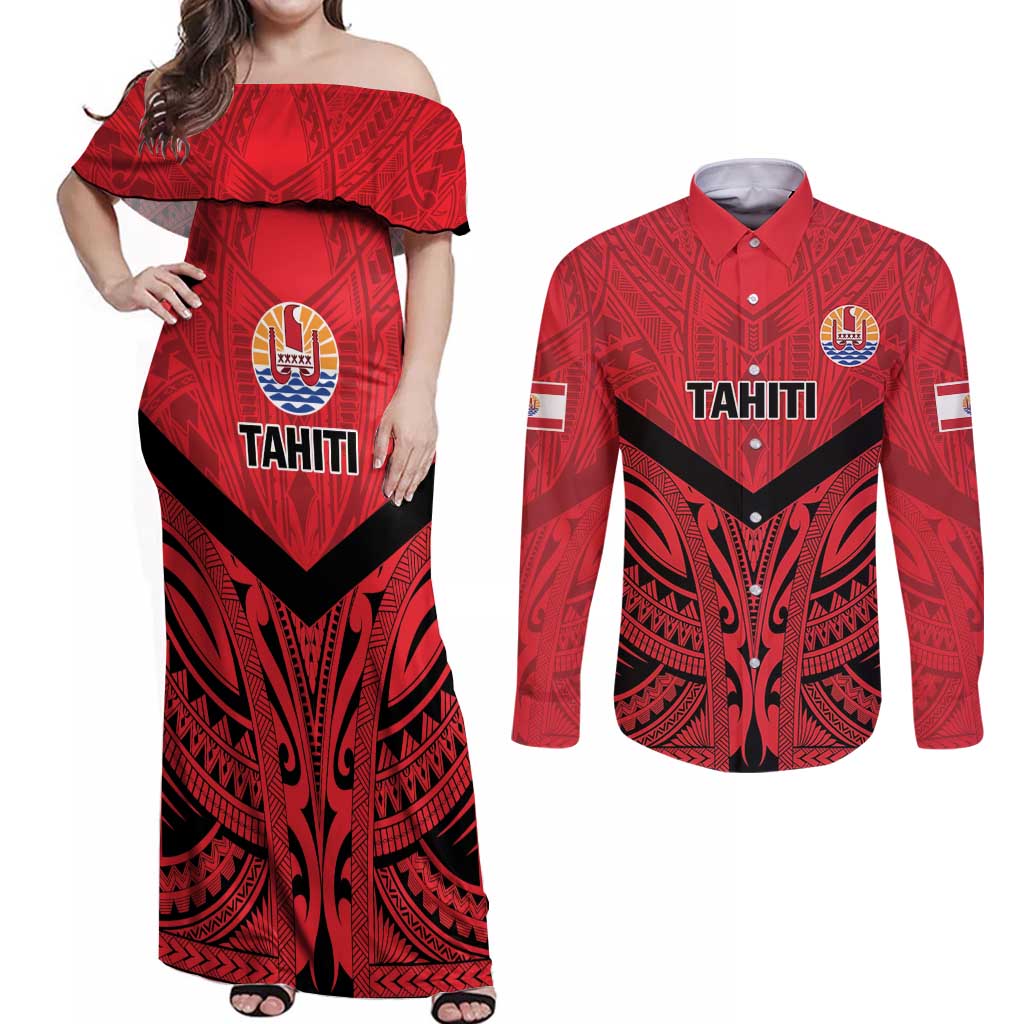 Tahiti Football Custom Couples Matching Off Shoulder Maxi Dress and Long Sleeve Button Shirt Toa Aito Go Champions