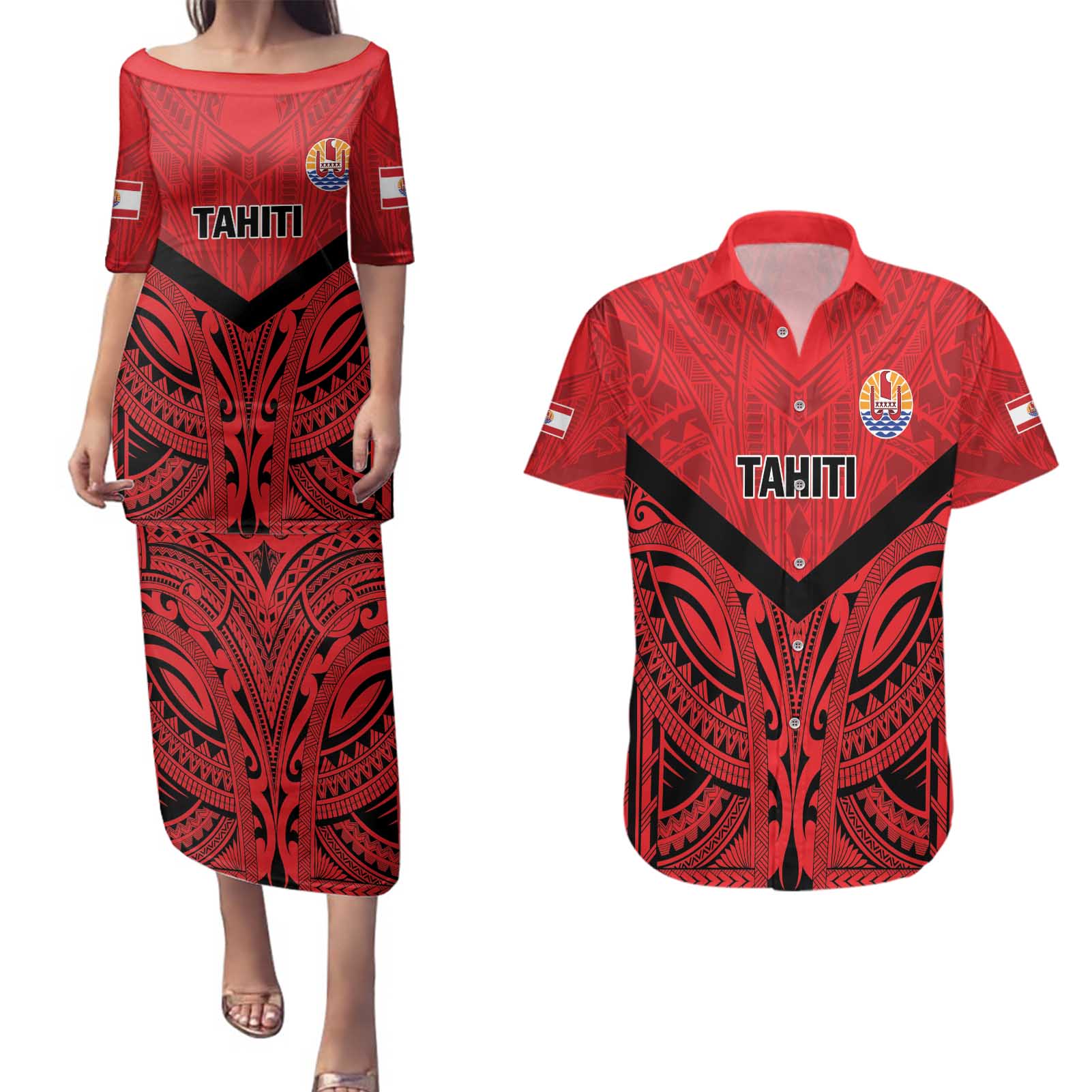 Tahiti Football Custom Couples Matching Puletasi and Hawaiian Shirt Toa Aito Go Champions