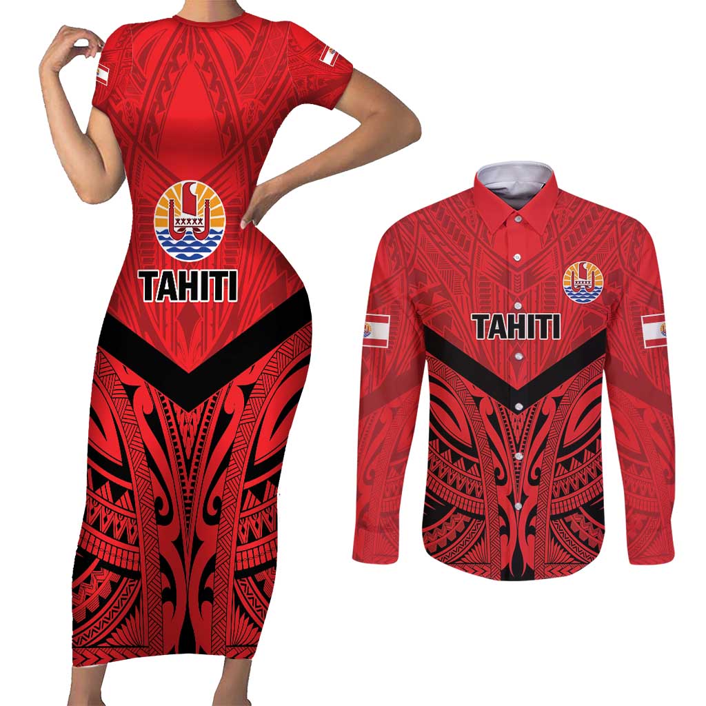 Tahiti Football Custom Couples Matching Short Sleeve Bodycon Dress and Long Sleeve Button Shirt Toa Aito Go Champions