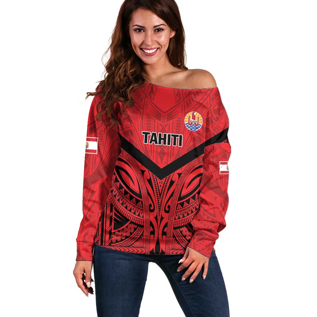 Tahiti Football Custom Off Shoulder Sweater Toa Aito Go Champions LT9 Women Red - Polynesian Pride