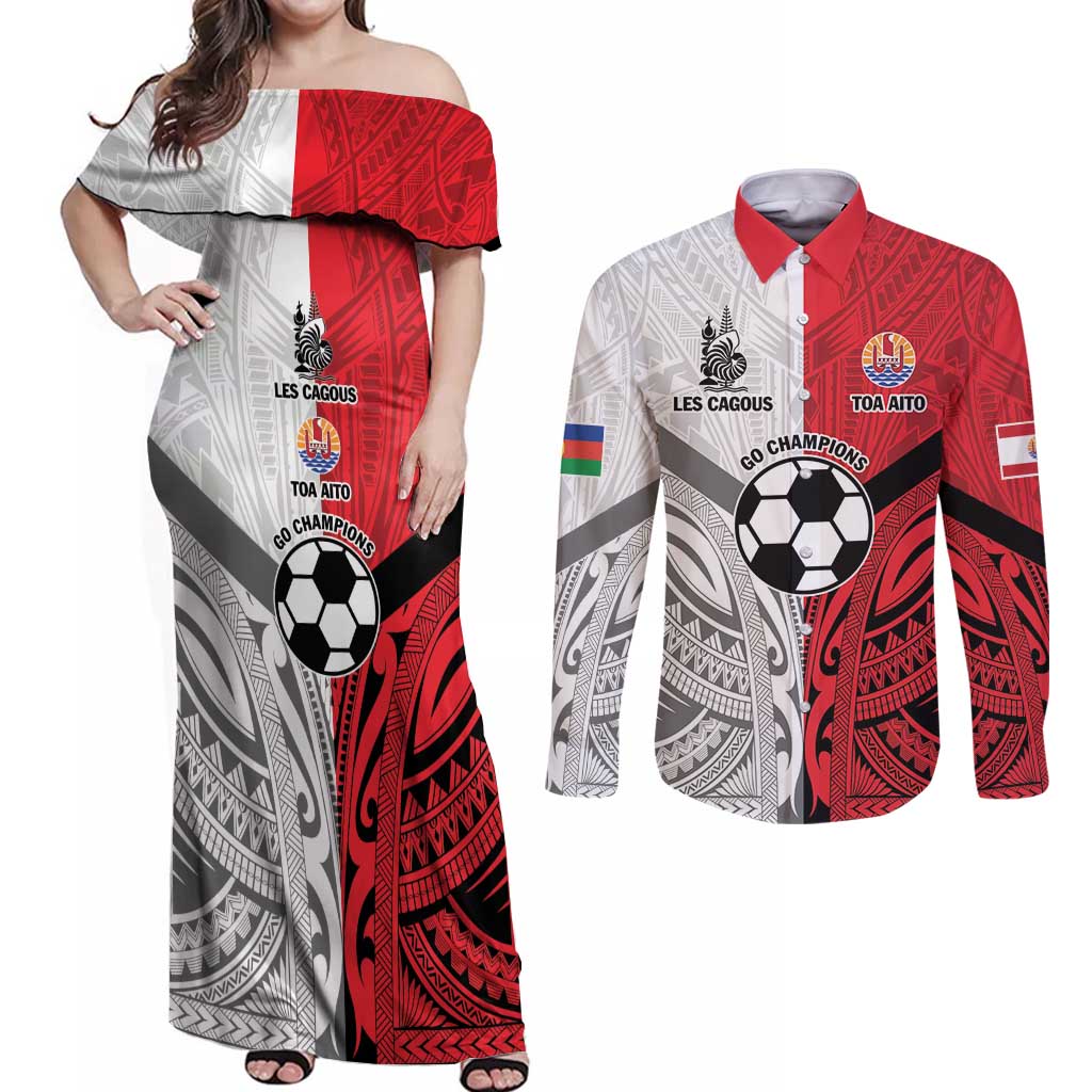 New Caledonia-Tahiti Football Custom Couples Matching Off Shoulder Maxi Dress and Long Sleeve Button Shirt Together Go Champions