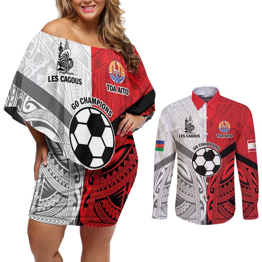 New Caledonia-Tahiti Football Custom Couples Matching Off Shoulder Short Dress and Long Sleeve Button Shirt Together Go Champions