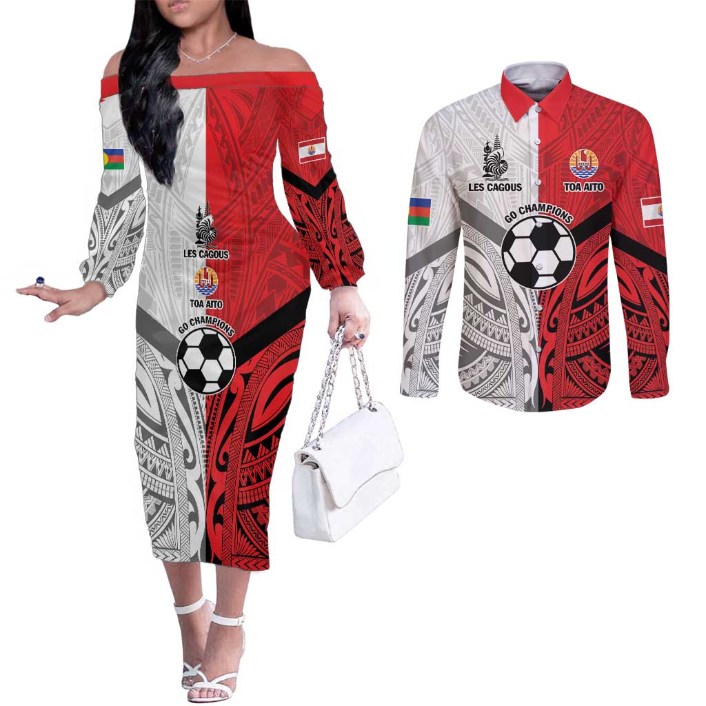 New Caledonia-Tahiti Football Custom Couples Matching Off The Shoulder Long Sleeve Dress and Long Sleeve Button Shirt Together Go Champions