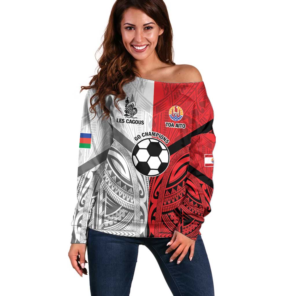 New Caledonia-Tahiti Football Custom Off Shoulder Sweater Together Go Champions LT9 Women Art - Polynesian Pride