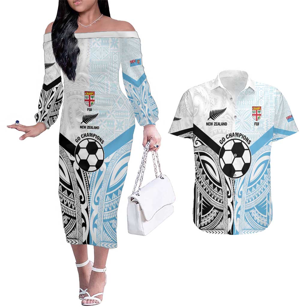 New Zealand-Fiji Football Custom Couples Matching Off The Shoulder Long Sleeve Dress and Hawaiian Shirt Together Go Champions