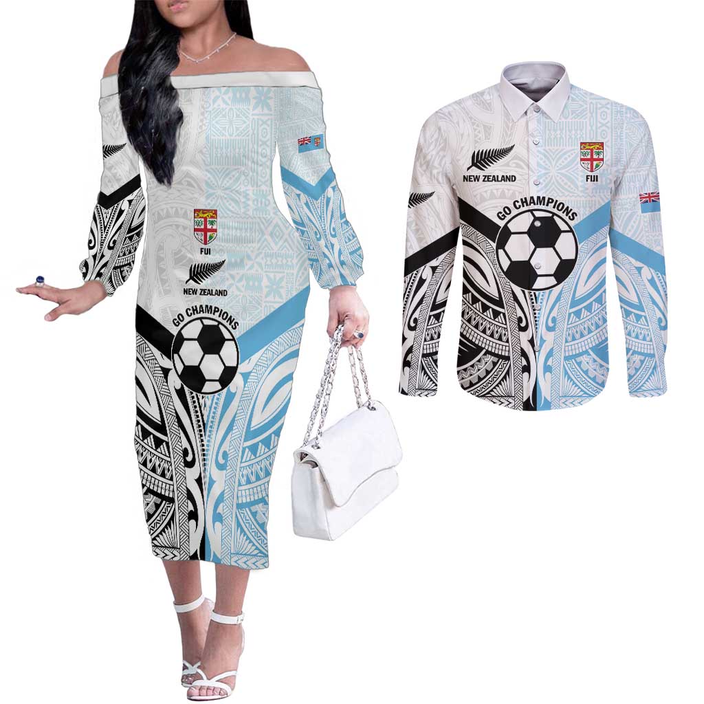 New Zealand-Fiji Football Custom Couples Matching Off The Shoulder Long Sleeve Dress and Long Sleeve Button Shirt Together Go Champions