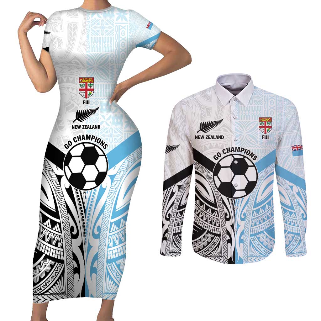 New Zealand-Fiji Football Custom Couples Matching Short Sleeve Bodycon Dress and Long Sleeve Button Shirt Together Go Champions