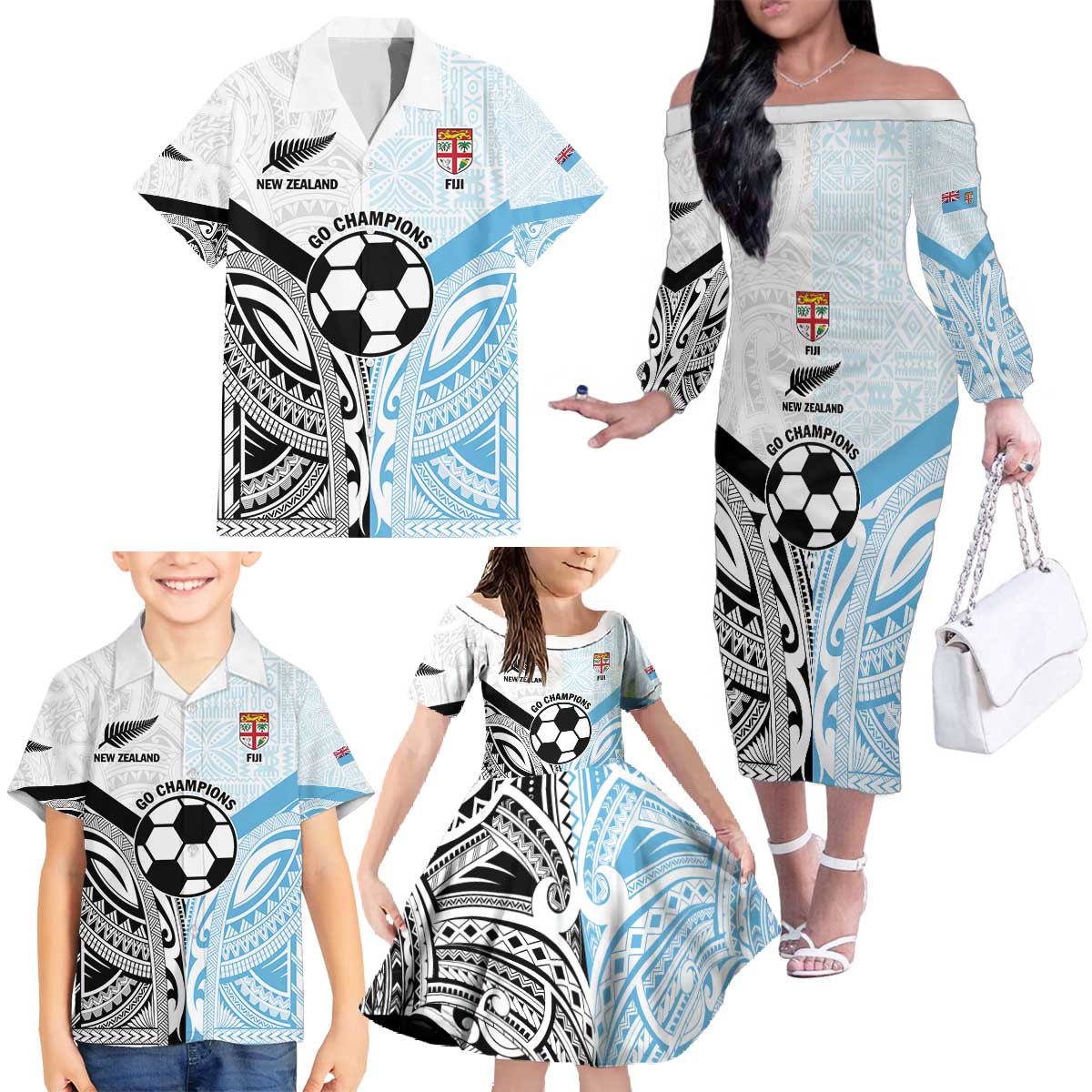 New Zealand-Fiji Football Custom Family Matching Off The Shoulder Long Sleeve Dress and Hawaiian Shirt Together Go Champions