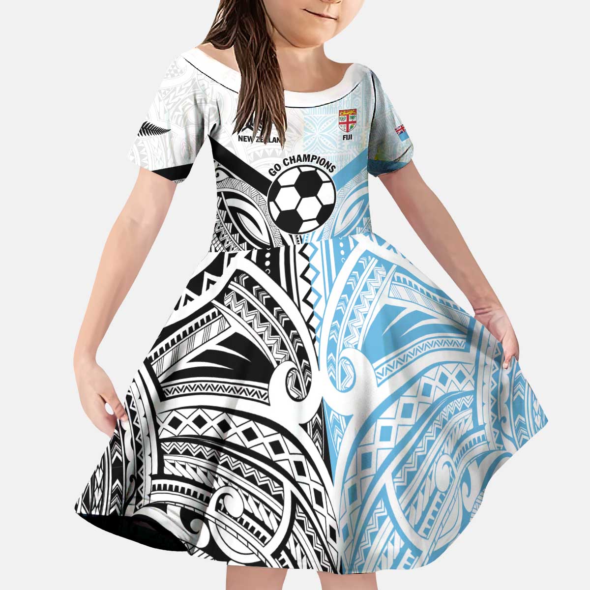 New Zealand-Fiji Football Custom Kid Short Sleeve Dress Together Go Champions