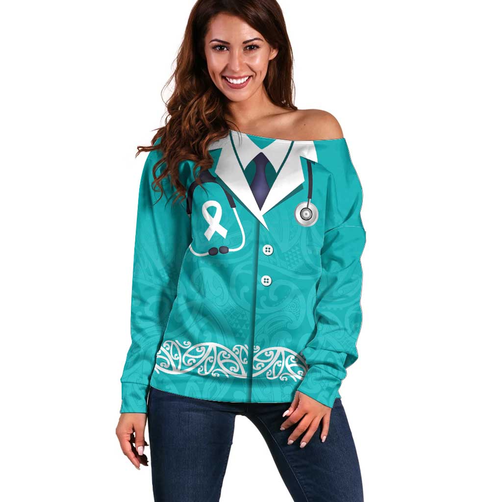 New Zealand Nurses Week Off Shoulder Sweater Maori Kowhaiwhai Cyan Tribal LT9 Women Cyan - Polynesian Pride