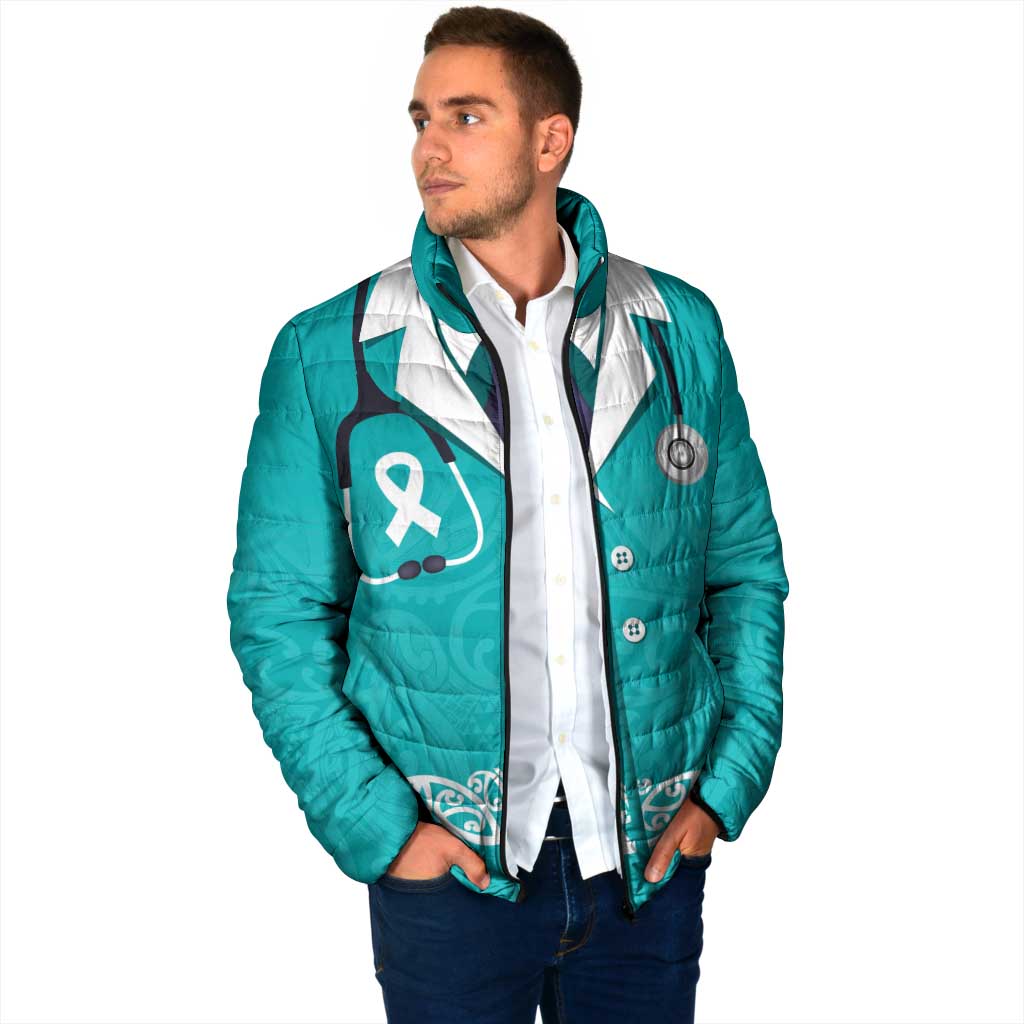 New Zealand Nurses Week Padded Jacket Maori Kowhaiwhai Cyan Tribal LT9 - Polynesian Pride