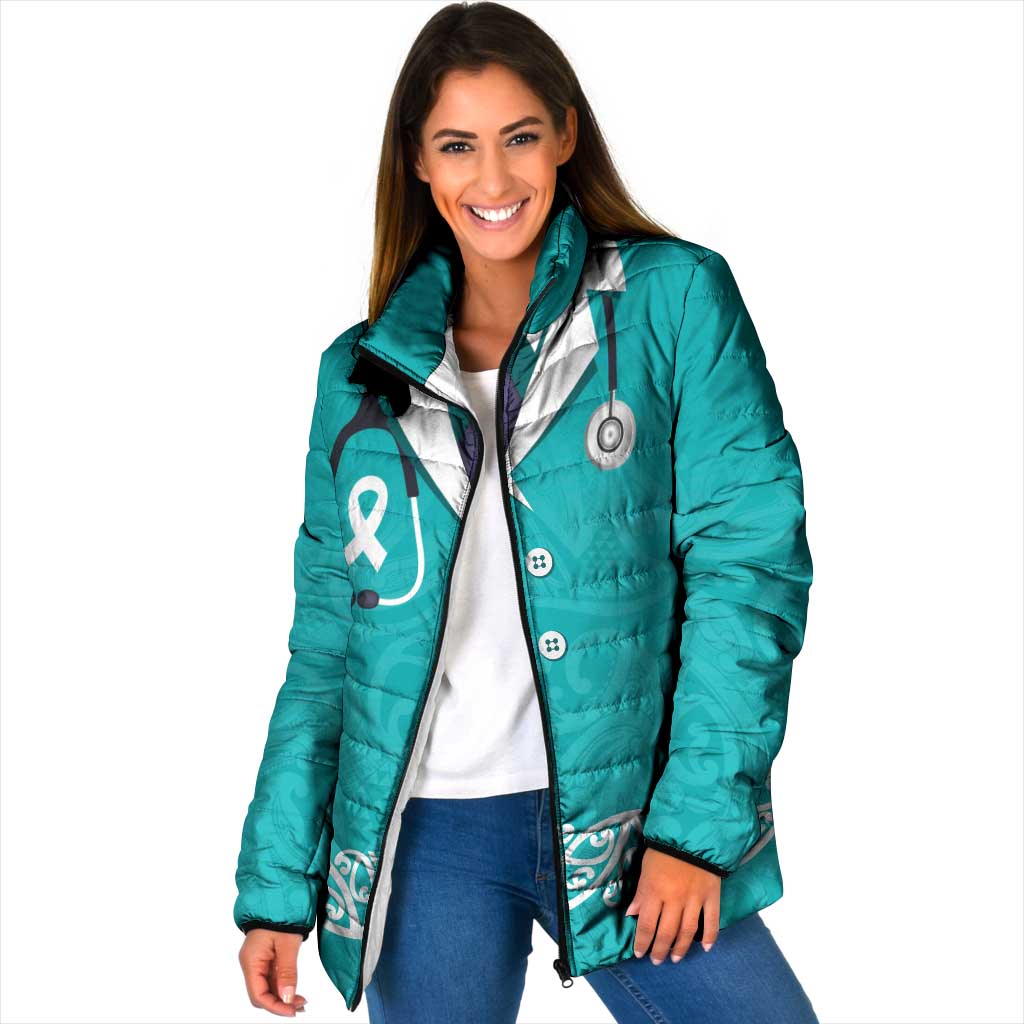 New Zealand Nurses Week Padded Jacket Maori Kowhaiwhai Cyan Tribal LT9 Women Cyan - Polynesian Pride