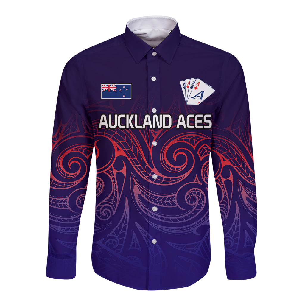 (Custom Text And Number) New Zealand Auckland Cricket Long Sleeve Button Shirt Maori Traditional Ethnic Style LT9 Unisex Gradient - Polynesian Pride