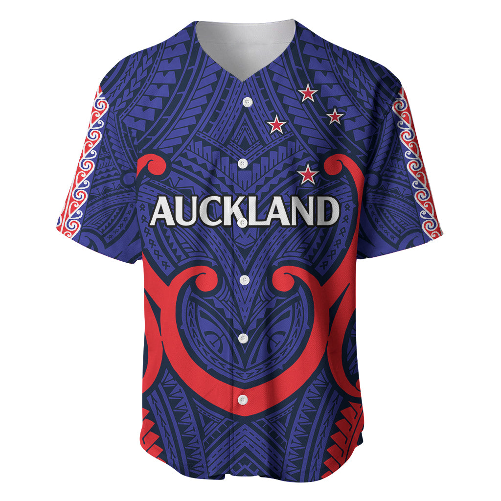 (Custom Text And Number) New Zealand Auckland Cricket Baseball Jersey Polynesian with Maori Koru LT9 Blue - Polynesian Pride