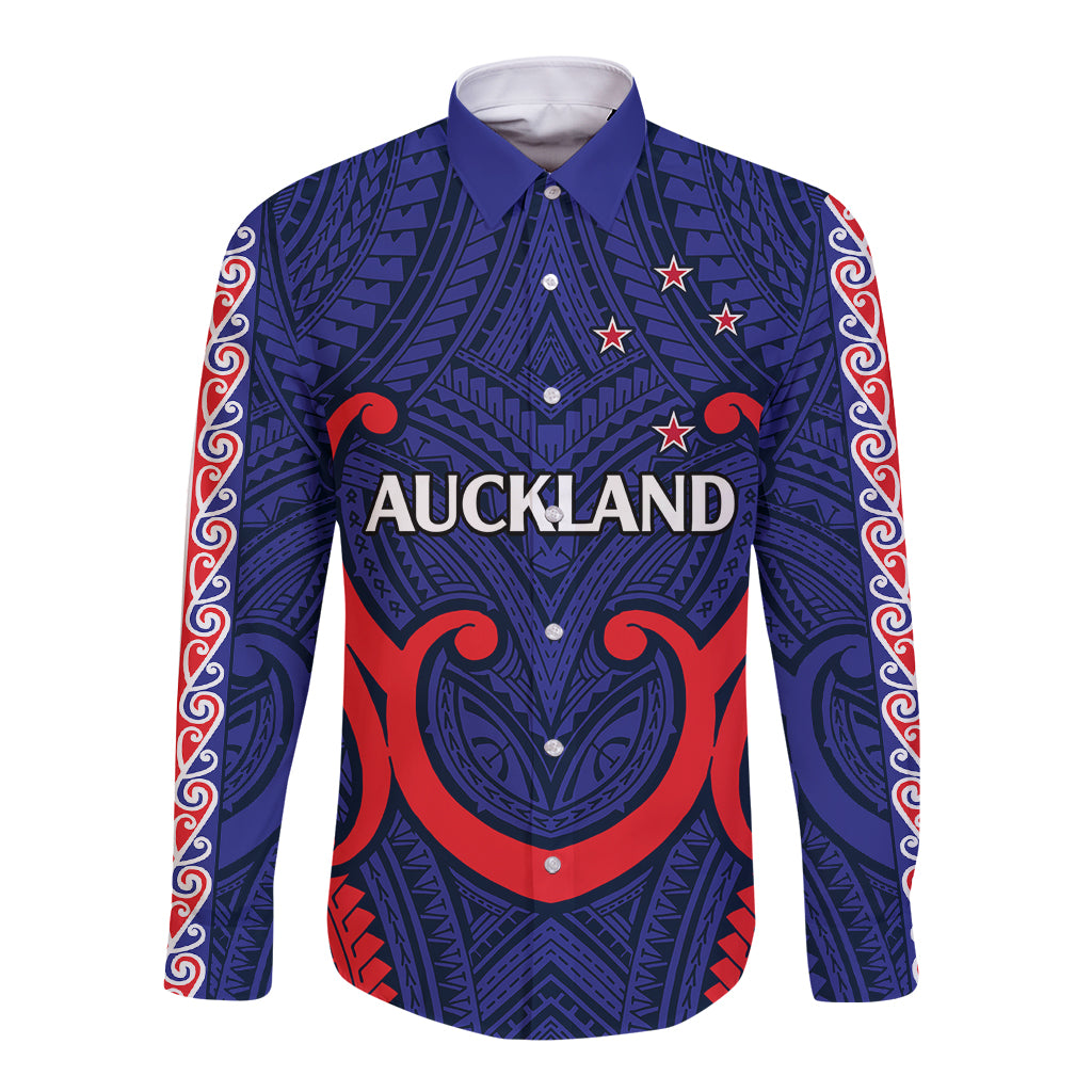 (Custom Text And Number) New Zealand Auckland Cricket Long Sleeve Button Shirt Polynesian with Maori Koru LT9 Unisex Blue - Polynesian Pride