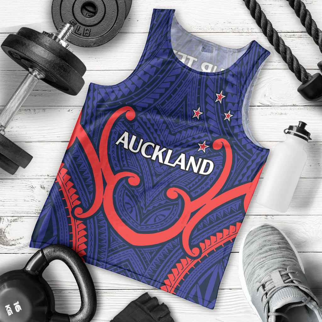 (Custom Text And Number) New Zealand Auckland Cricket Men Tank Top Polynesian with Maori Koru LT9 Blue - Polynesian Pride