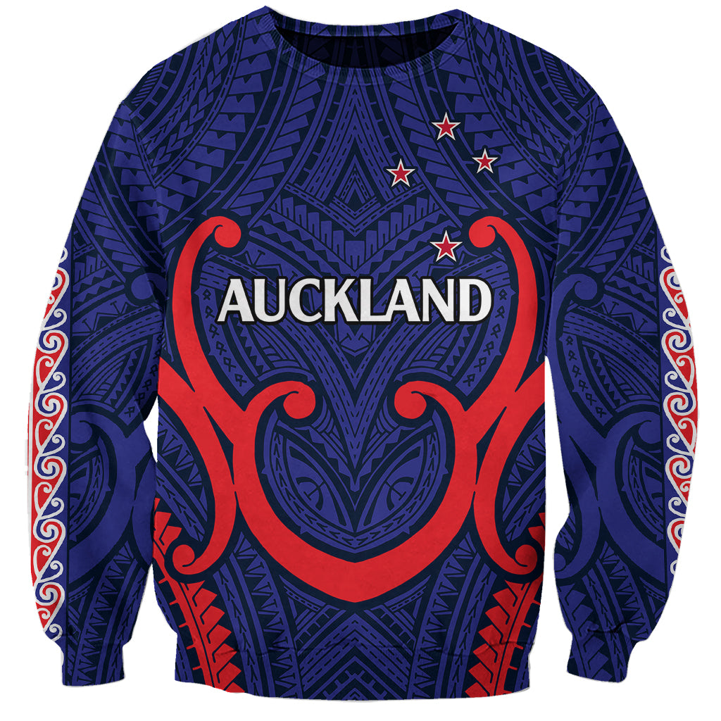 (Custom Text And Number) New Zealand Auckland Cricket Sweatshirt Polynesian with Maori Koru LT9 Unisex Blue - Polynesian Pride