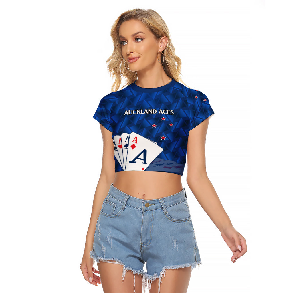 (Custom Text And Number) New Zealand Cricket Raglan Cropped T Shirt Auckland Aces Sporty Style LT9 Female Blue - Polynesian Pride