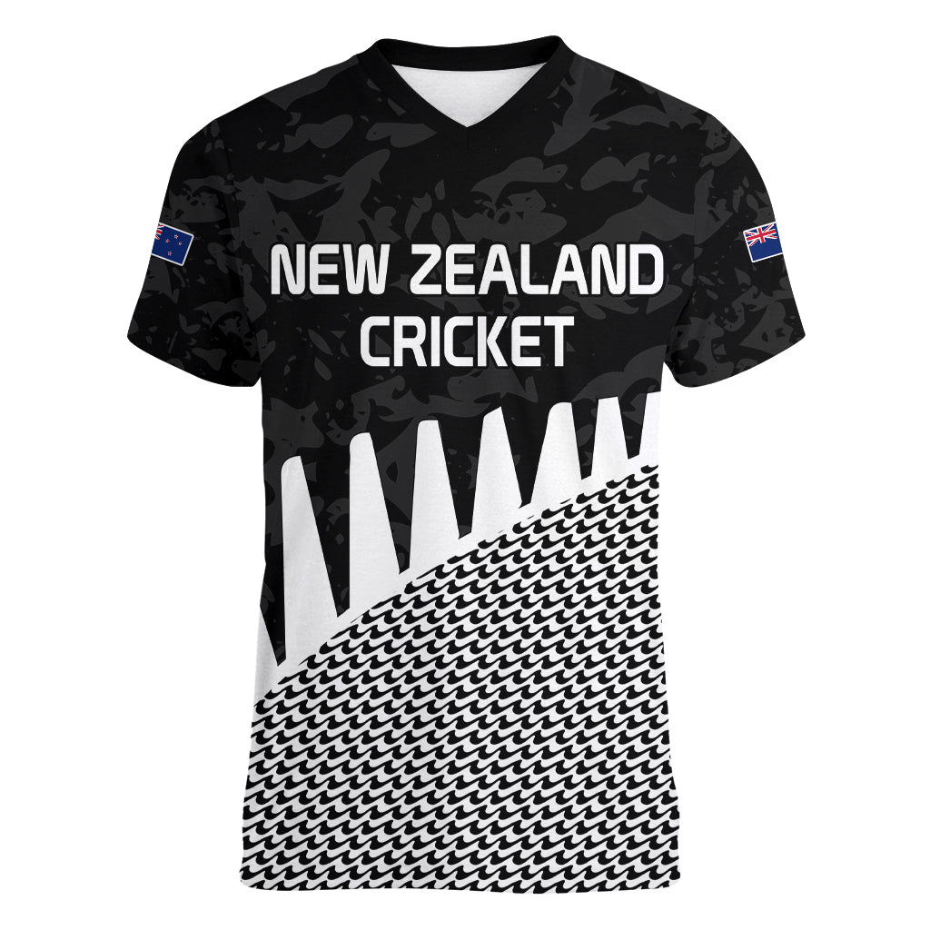 (Custom Text And Number) New Zealand Cricket Women V Neck T Shirt Black Cap Sporty Style No1 LT9 Female Black - Polynesian Pride