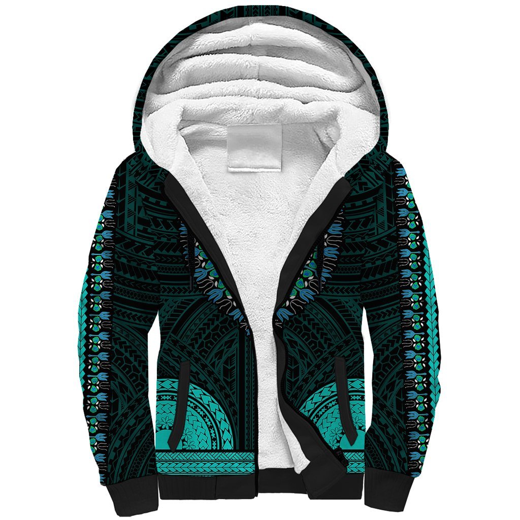 African Dashiki Sherpa Hoodie With Polynesian Pattern - Teal LT9 Unisex Teal - Polynesian Pride