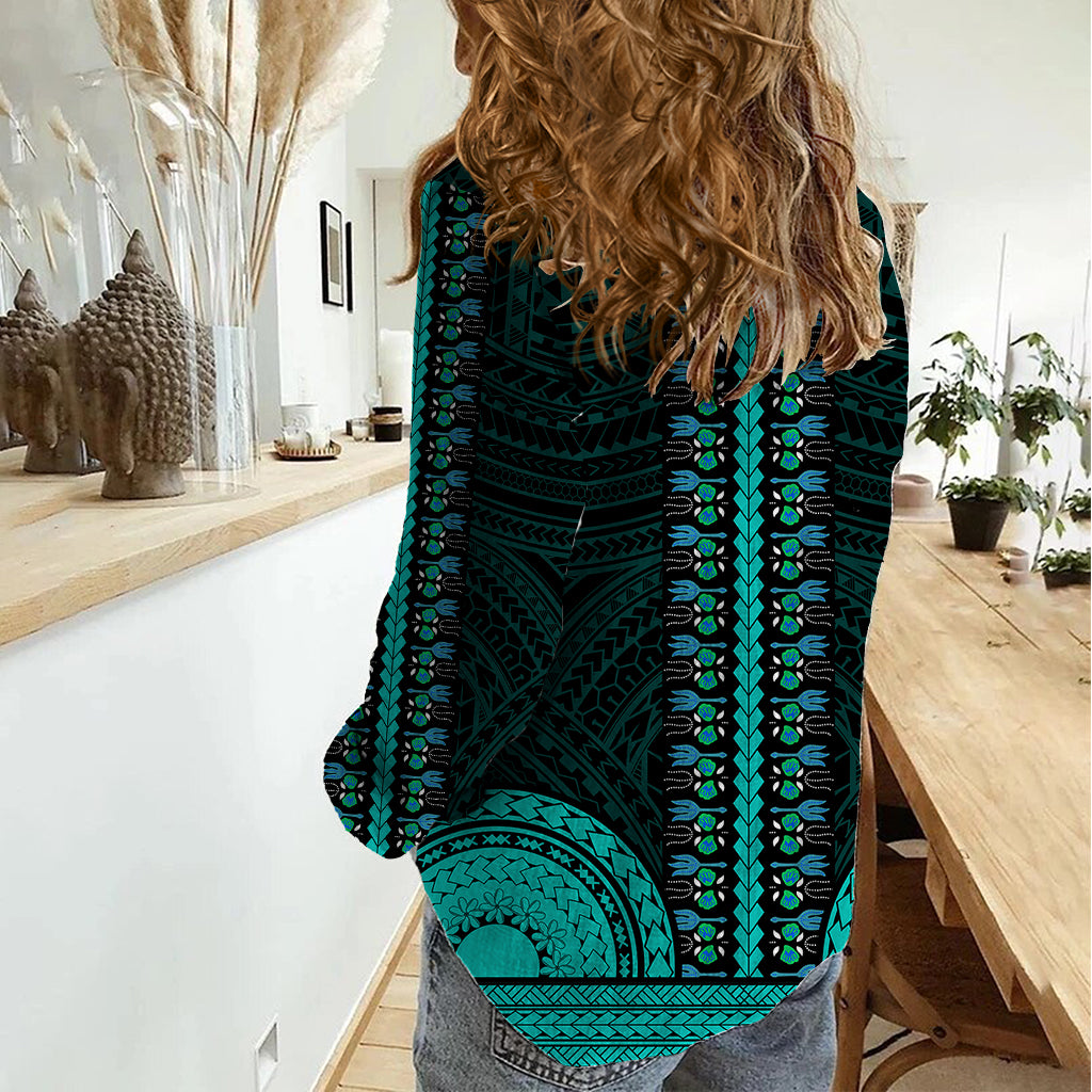 African Dashiki Women Casual Shirt With Polynesian Pattern - Teal LT9 - Polynesian Pride