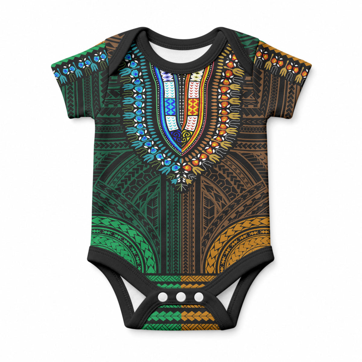 African Dashiki With Polynesian Pattern Green Gold Baby Onesie LT9 Green and Gold - Polynesian Pride