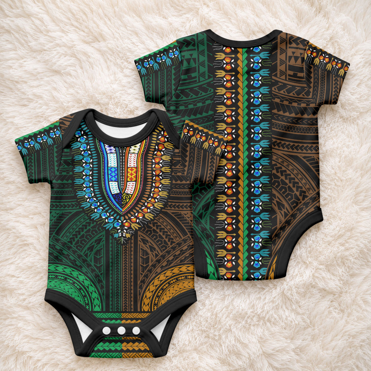 African Dashiki With Polynesian Pattern Green Gold Baby Onesie LT9 - Polynesian Pride