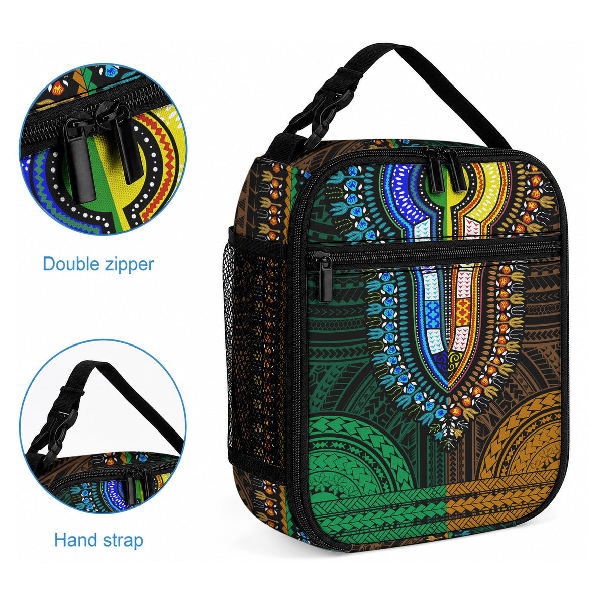 African Dashiki With Polynesian Pattern Green Gold Lunch Bag LT9 - Polynesian Pride