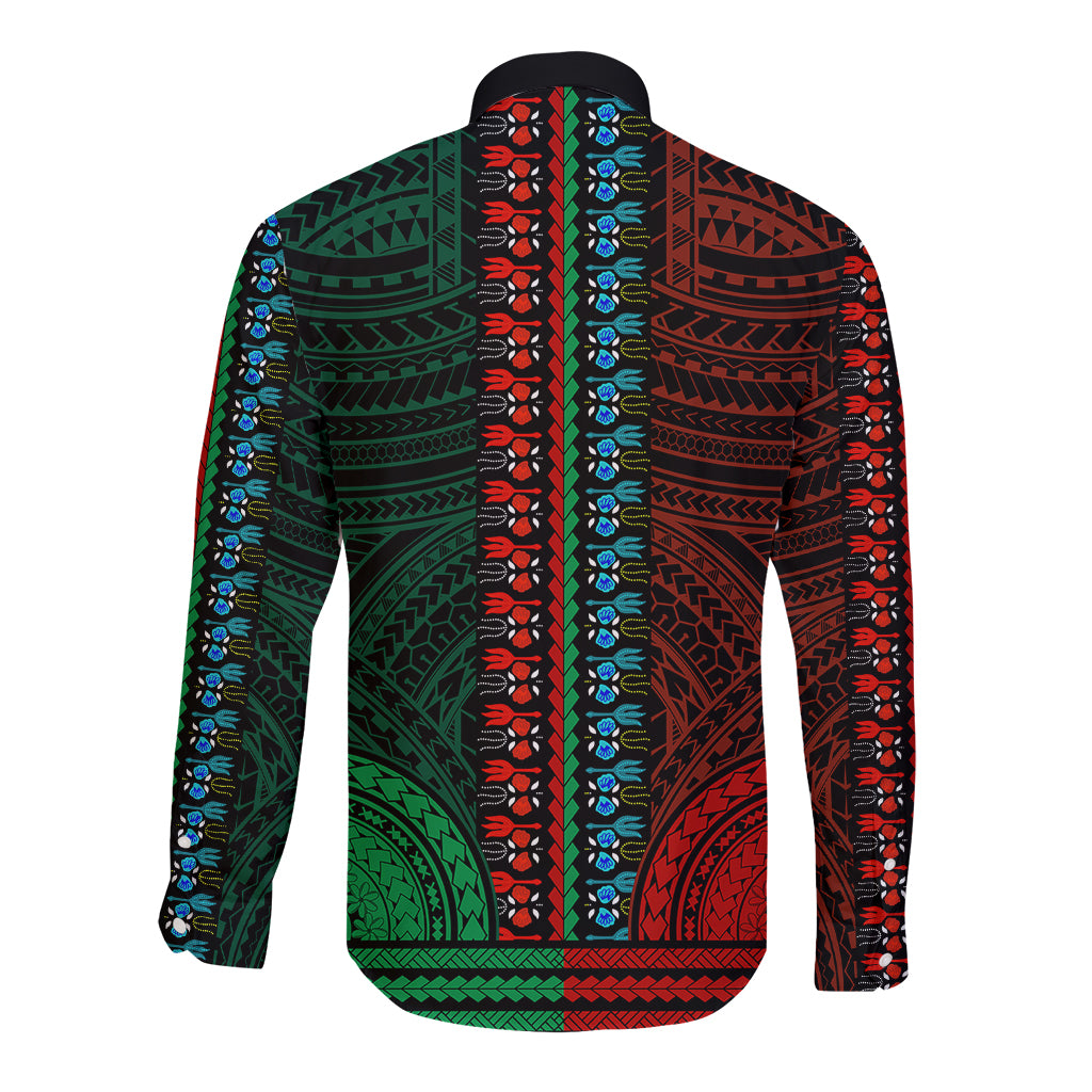 African Dashiki Long Sleeve Button Shirt With Polynesian Pattern - Half Green and Red LT9 - Polynesian Pride