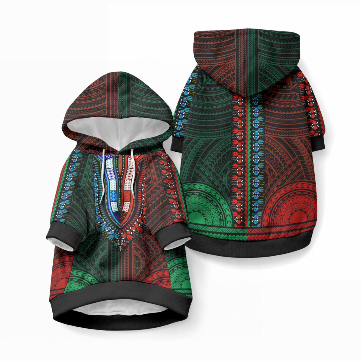 African Dashiki With Polynesian Pattern Green Red Pet Hoodie LT9 Pullover Green and Red - Polynesian Pride