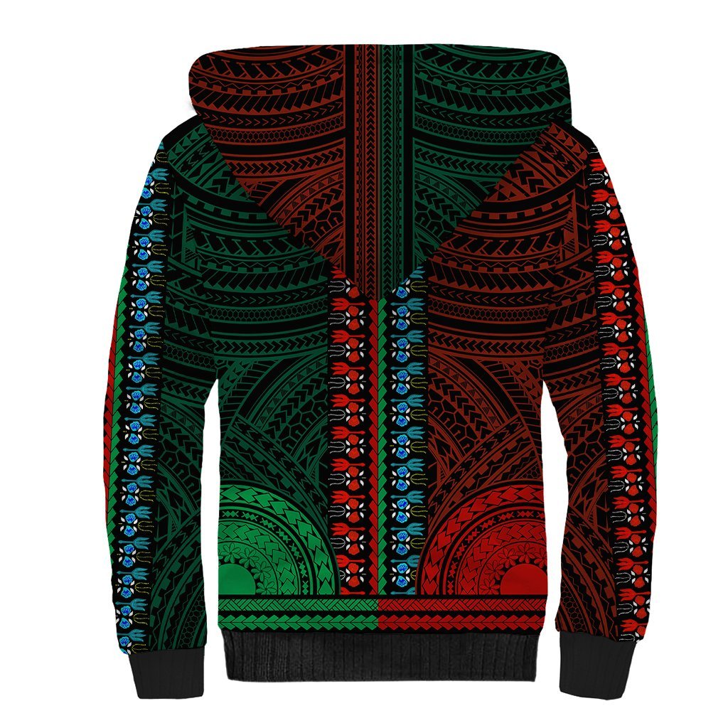 African Dashiki Sherpa Hoodie With Polynesian Pattern - Half Green and Red LT9 - Polynesian Pride