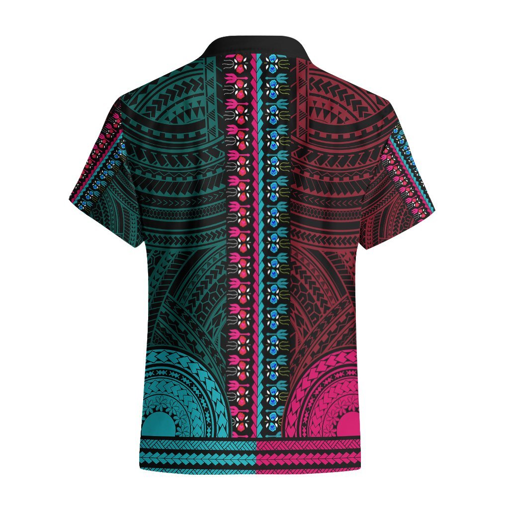 African Dashiki Hawaiian Shirt With Polynesian Pattern - Half Teal and Pink LT9 - Polynesian Pride