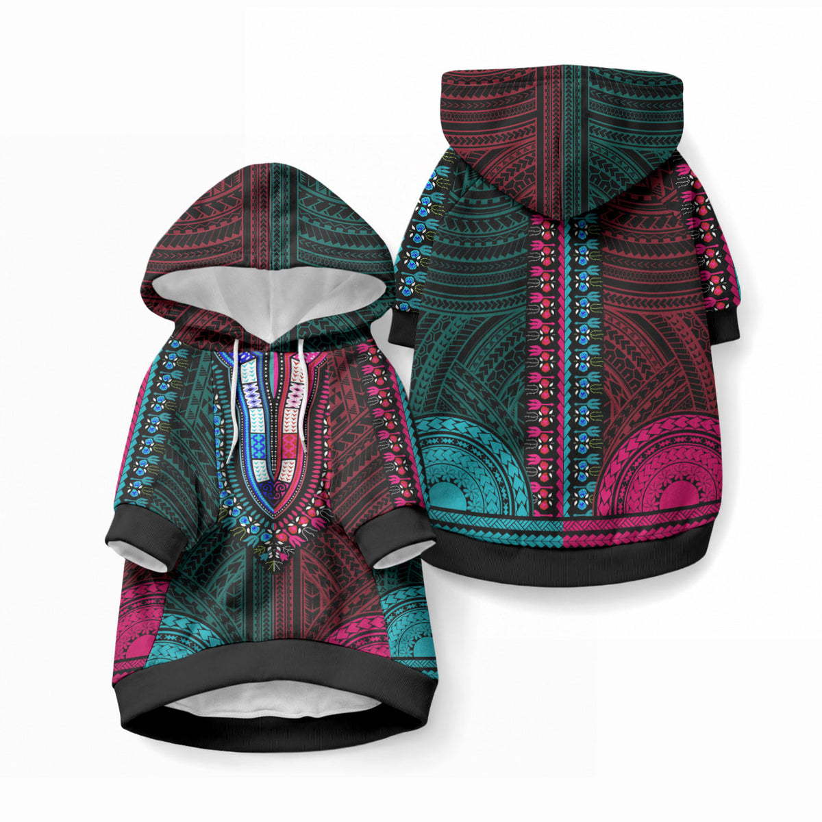 African Dashiki With Polynesian Pattern Teal Pink Pet Hoodie LT9 Pullover Teal and Pink - Polynesian Pride