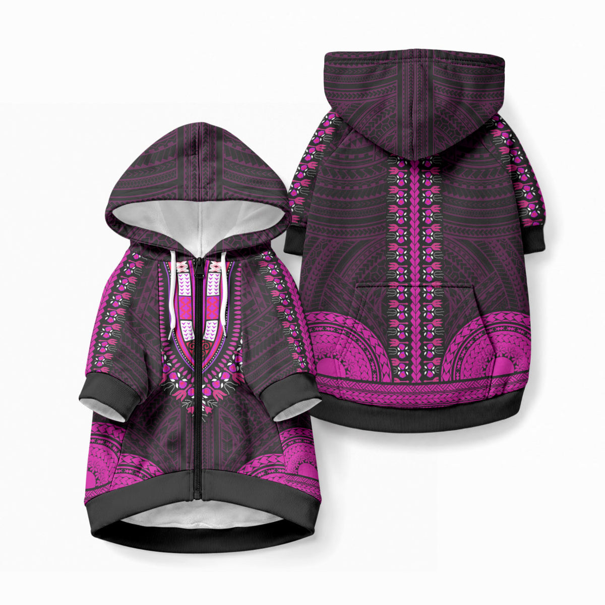 African Dashiki With Polynesian Pattern Pink Pet Hoodie LT9 Zip-up Pink - Polynesian Pride