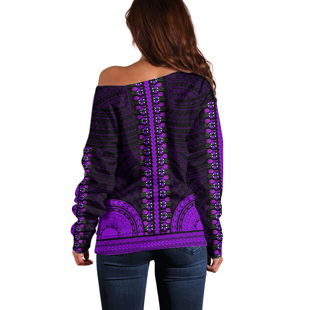 African Dashiki Off Shoulder Sweater With Polynesian Pattern - Purple LT9 - Polynesian Pride