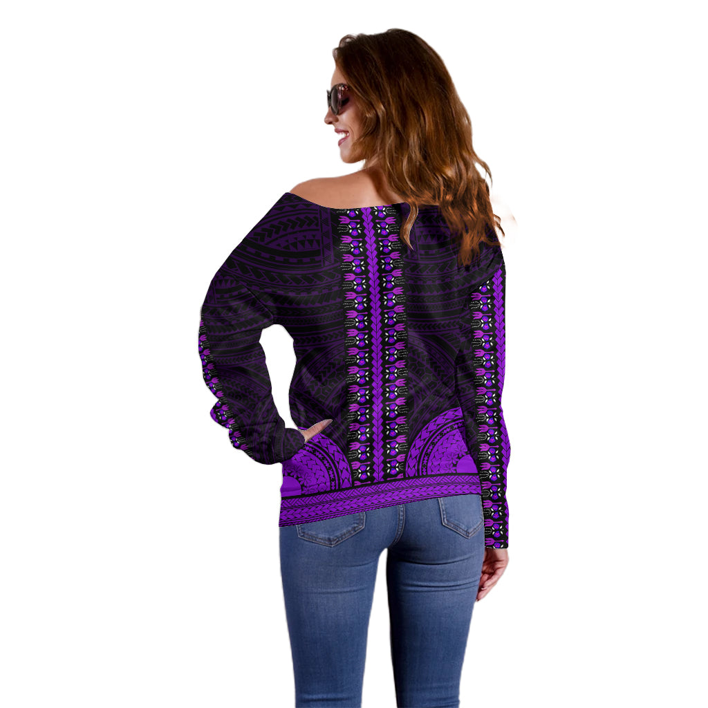 African Dashiki Off Shoulder Sweater With Polynesian Pattern - Purple LT9 - Polynesian Pride