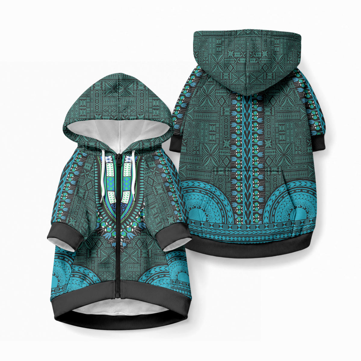 African Dashiki With Tapa Pattern - Teal Pet Hoodie LT9 Zip-up Teal - Polynesian Pride