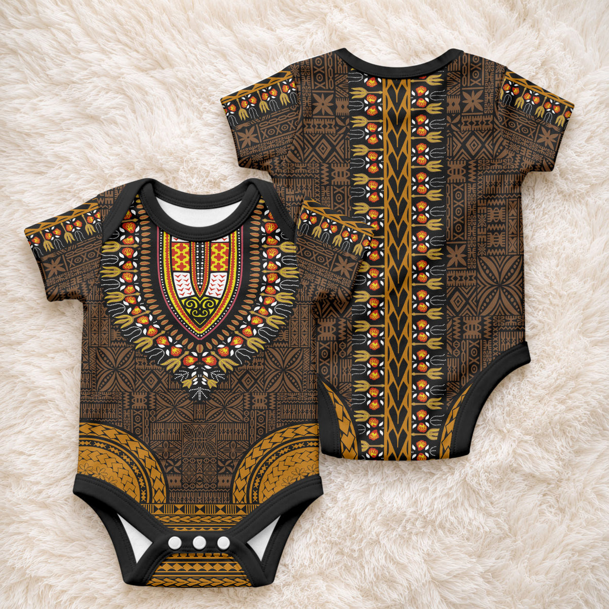 African Dashiki With Tapa Pattern - Gold Baby Onesie LT9 - Polynesian Pride