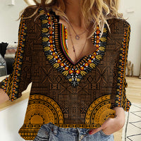 African Dashiki Women Casual Shirt With Tapa Pattern - Gold LT9 Female Gold - Polynesian Pride