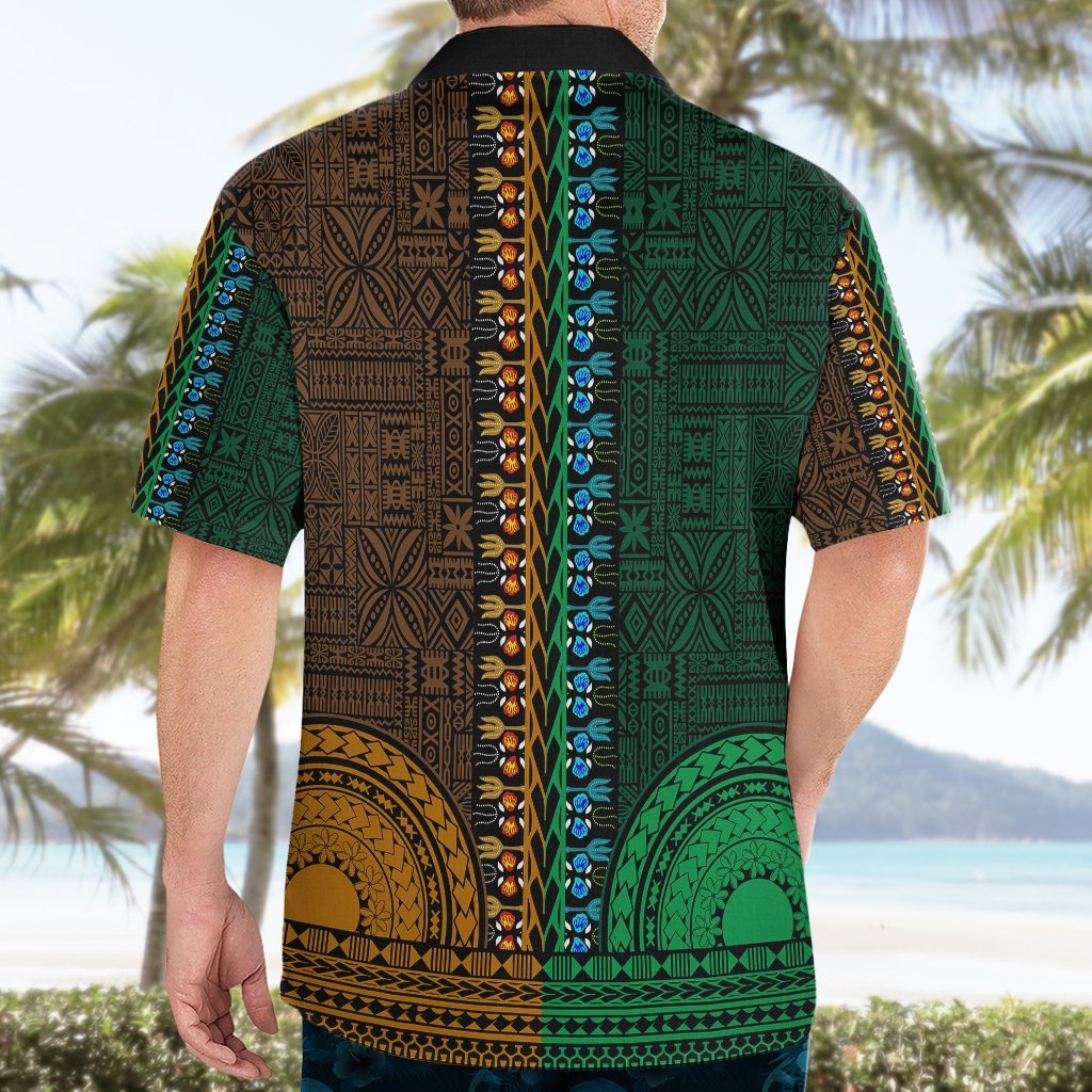 African Dashiki Hawaiian Shirt With Tapa Pattern - Half Green and Gold LT9 - Polynesian Pride