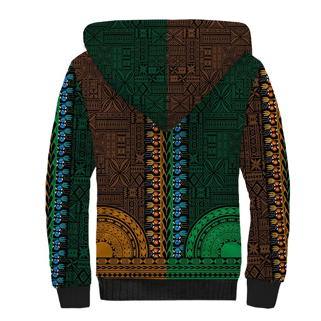 African Dashiki Sherpa Hoodie With Tapa Pattern - Half Green and Gold LT9 - Polynesian Pride