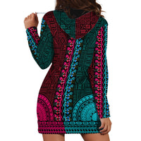 African Dashiki Hoodie Dress With Tapa Pattern - Half Teal and Pink LT9 - Polynesian Pride