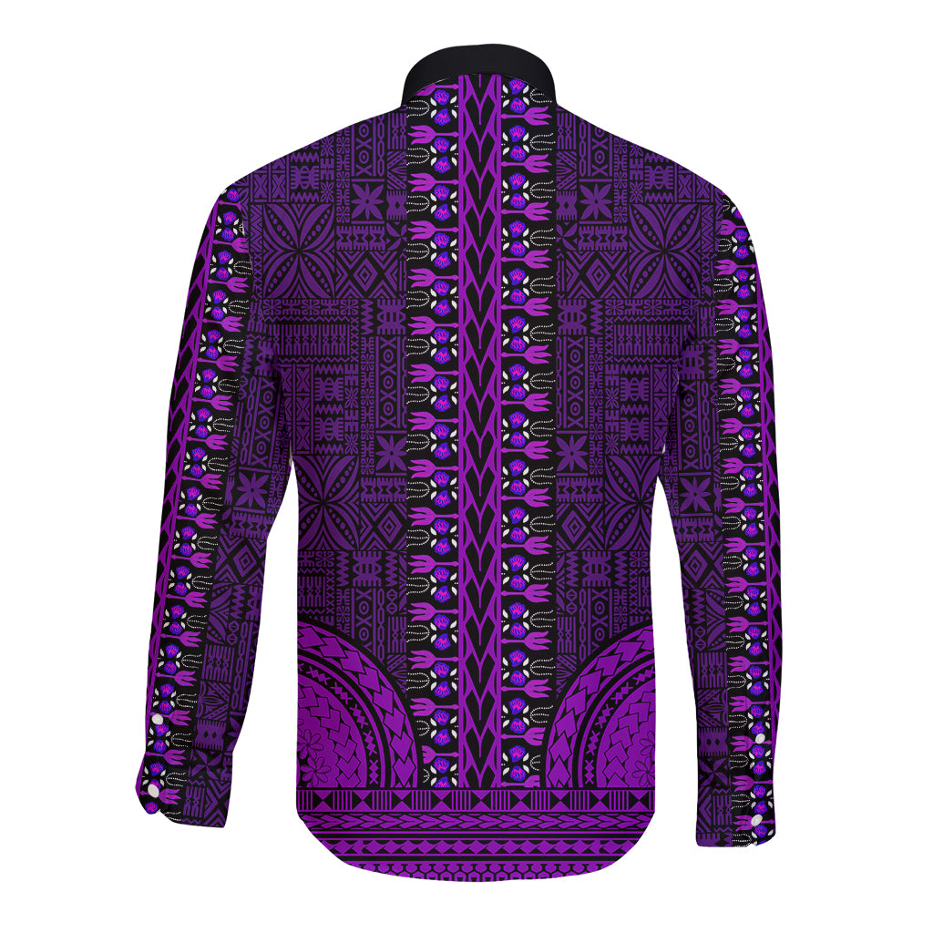 African Dashiki Long Sleeve Button Shirt With Tapa Pattern - Purple LT9 - Polynesian Pride